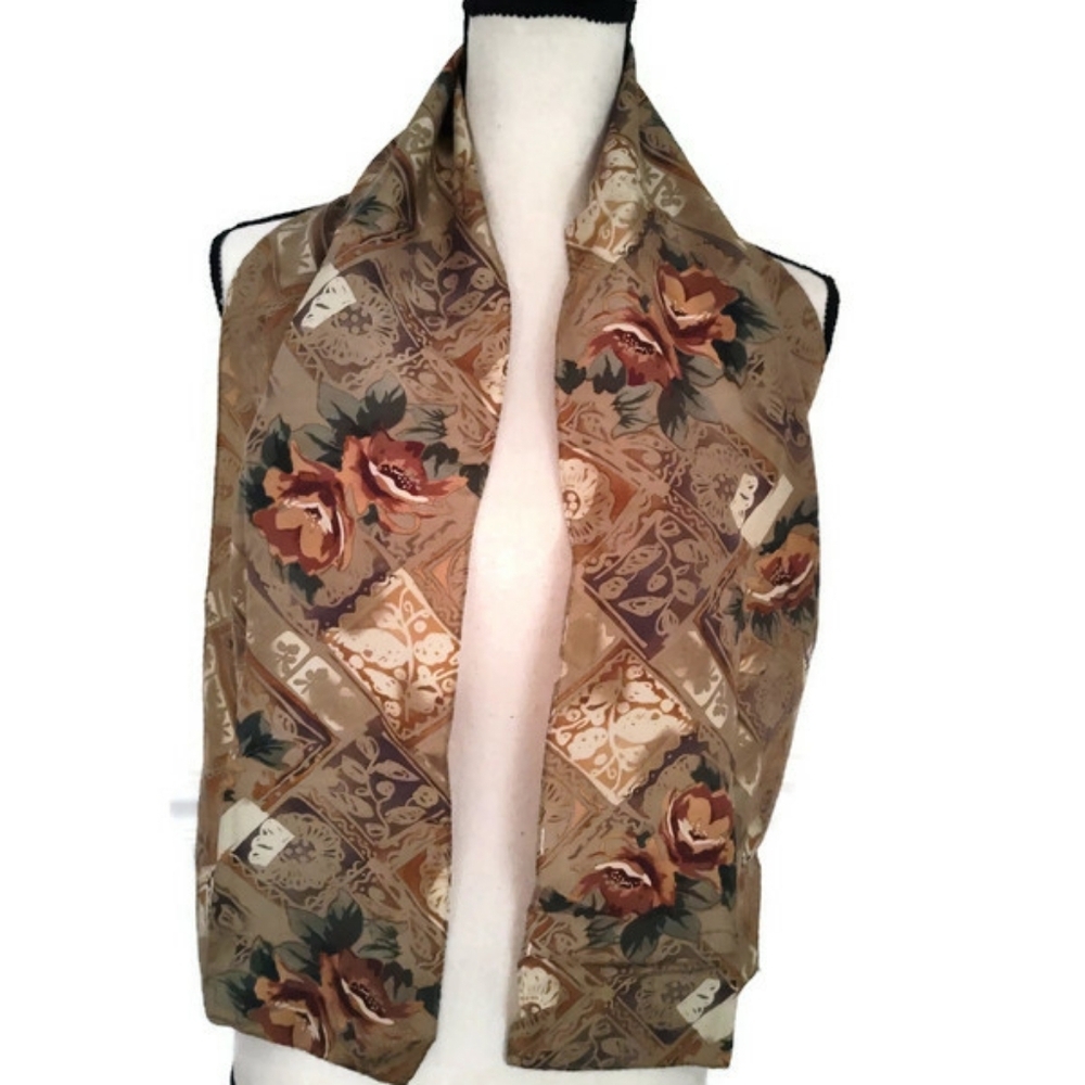 Hand Sewn Silk Scarf Parisian Grandmacore Oblong Floral Fall Autumn print - Picture 3 of 3